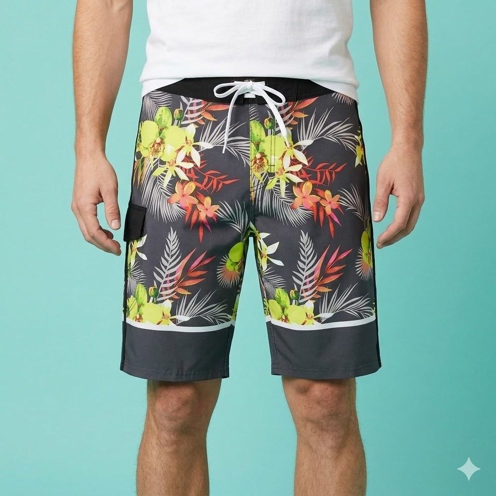 Ocean Pacific OP Flex 4-Way Stretch Floral Board Shorts 32 Gray